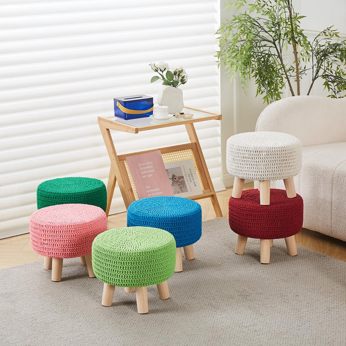 Wimarsbon Pouf Ottoman, 100% Cotton Knitted Boho Footstool, Round Footrest with Non-Skid Wood Legs, Home Décor Handmade Pouffe, Leisure Floor Step Stool for Living Room (Beige) Wimarsbon