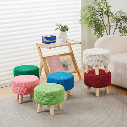 Wimarsbon Pouf Ottoman, 100% Cotton Knitted Boho Footstool, Round Footrest with Non-Skid Wood Legs, Home Décor Handmade Pouffe, Leisure Floor Step Stool for Living Room (Beige)