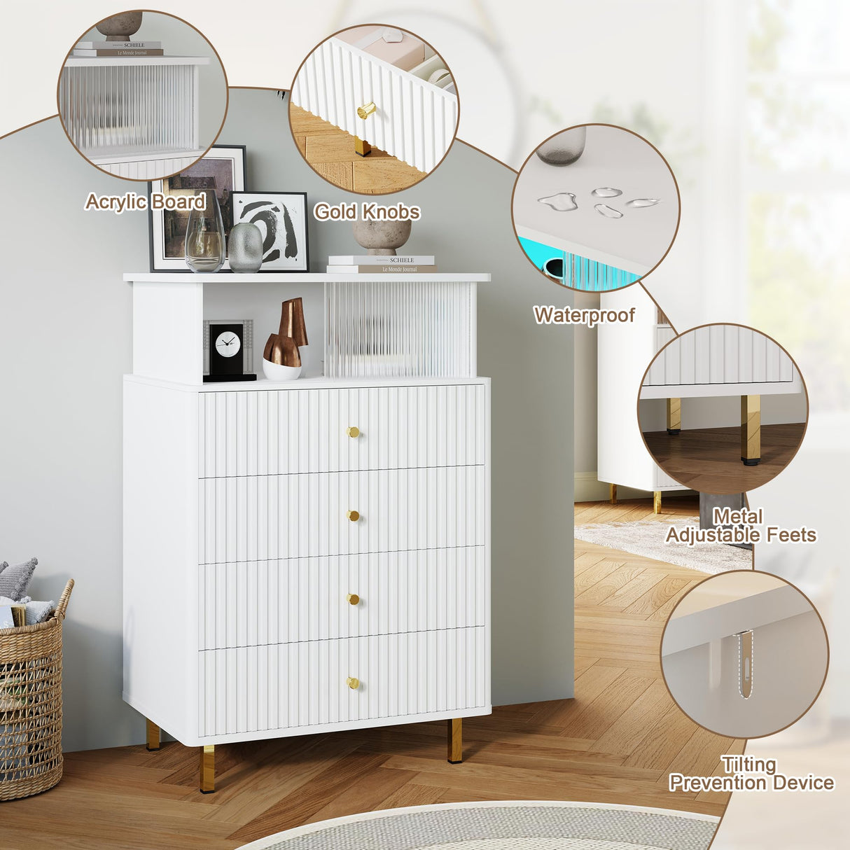 ChooChoo Dresser for Bedroom with Large Capacity, 4 Drawer Dresser with LED and Acrylic, Modern White and Gold Dresser Tall, Chest of Drawers with Storage Space for Hallway, Entryway (White) ChooChoo