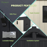 Greesum 8×12 FT Plastic Outdoor Storage Shed with Floor, Resin Sheds with Window and Lockable Door, Weather Resistant Organization for Garden, Lawn, Pool Supplies, Beige Greesum