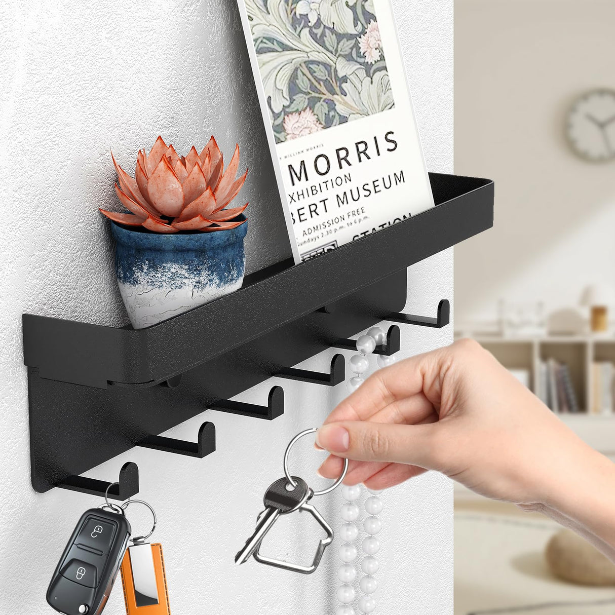 SZUGCOTD Key Holder for Wall Rustic Key and Mail Organizer 6 Key Hooks with Shelf Small Key Rack with Tray Adhesive Key Hanger Wall Mount for Entryway Hallway Living Room Decor, Metal, Matte Black SZUGCOTD