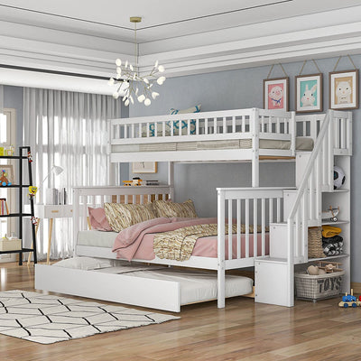 CITYLIGHT White Twin Over Full Bunk Bed with Trundle and Storage Stairway