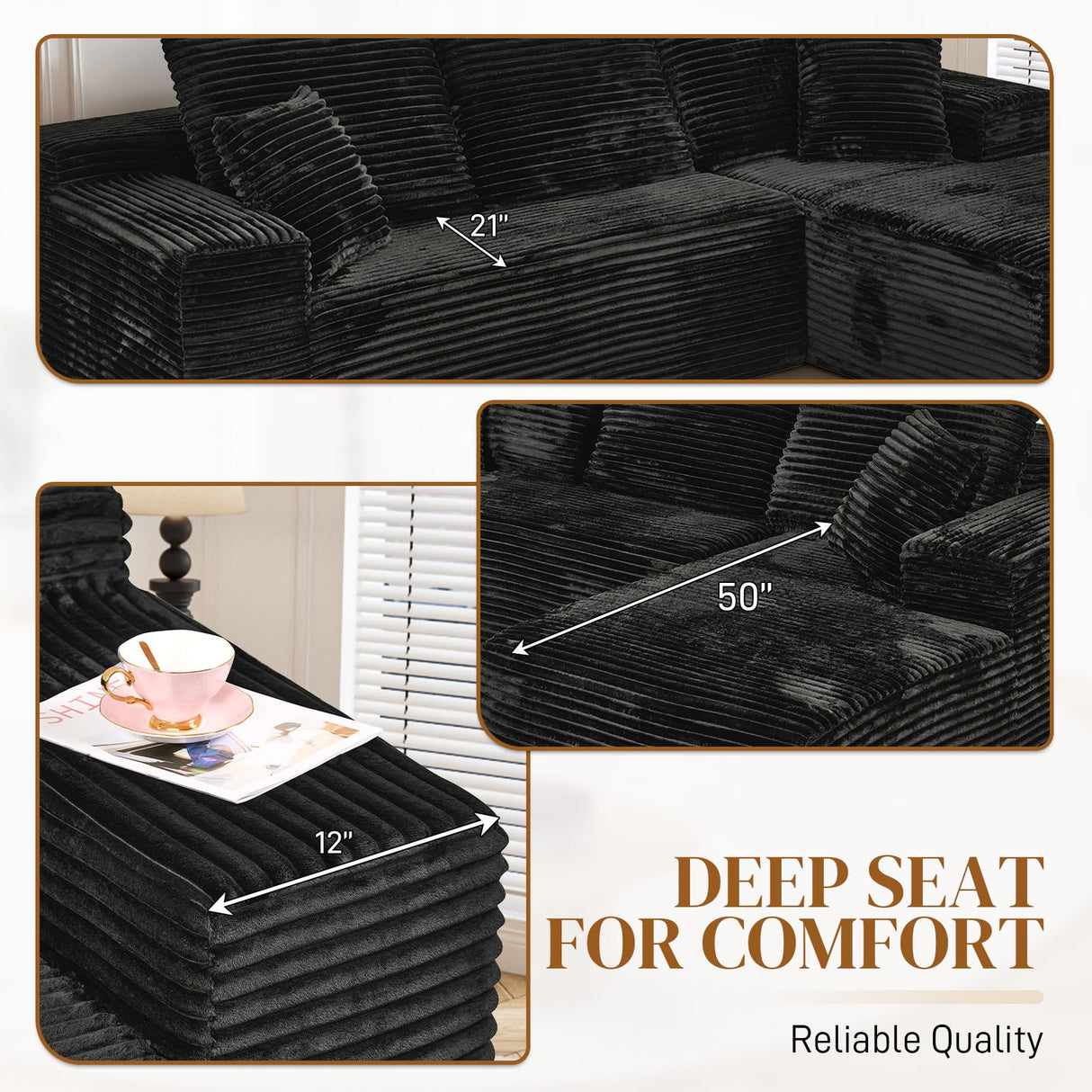 Repantes 108" L Shaped Boneless Sectional Couches for Living Room, Comfy Corduroy Floor Cloud Sofa with Chaise, Wide Armrest, Deep Seat, Memory Foam, Assembly Free, Ideal for Small Spaces, Black Repantes
