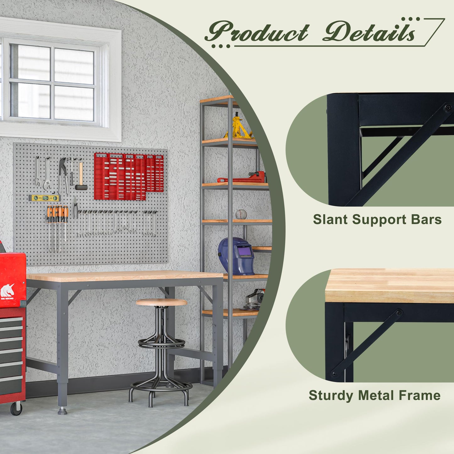 Jaxilyn Workbench 48x24 Inch Height Adjustable Work Bench Table Heavy Duty 2000 LBS Load Capacity Hardwood Workbench Suitable for Workshop, Office, Garage, Home - WoodArtSupply