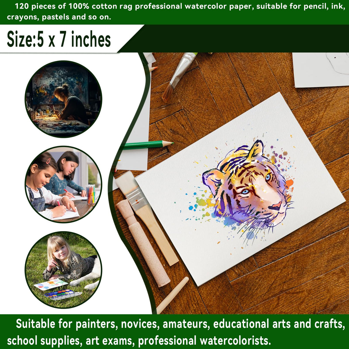 Fyess 120Pcs 100% Rag Cotton White Watercolor Paper Cold Press Paper Bulk Watercolor Drawing Student Artist for Kids,5 x 7 inch Fyess