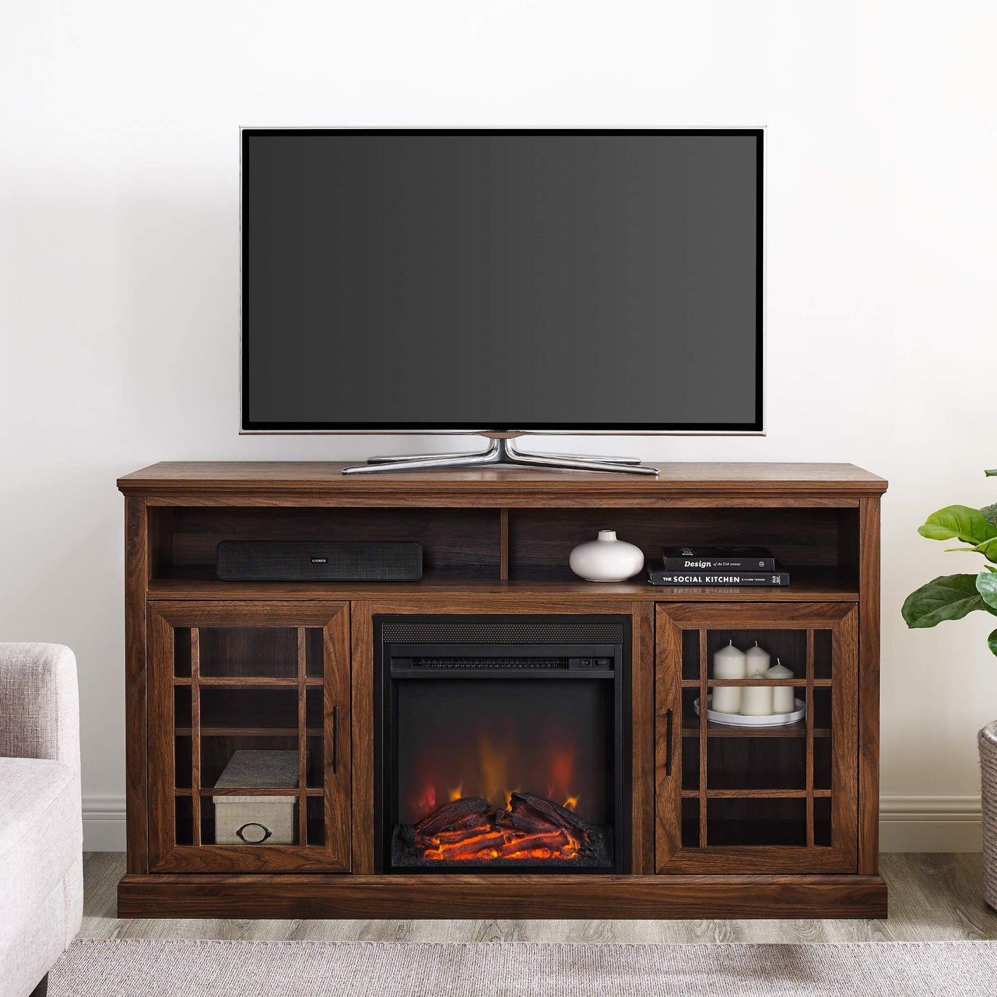 Walker Edison Hoxton Classic 2 Glass Door Fireplace Stand for TVs up to 65 Inches, 58 Inch, Dark Walnut - WoodArtSupply