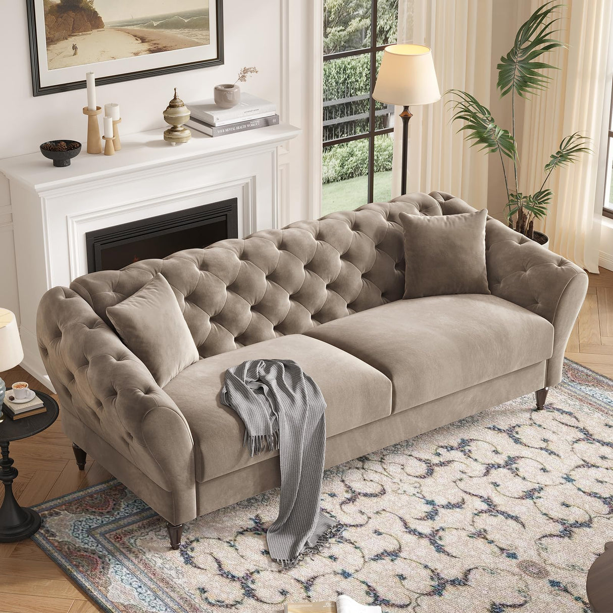 COPIAE 82 Inch Chesterfield loveseat Sofa,Tuxedo Arms Modern Couch Sturdy and Easy Installation, Small Sofa for Living Room Bedroom Office and Apartment,Velvet Fabric Brown COPIAE