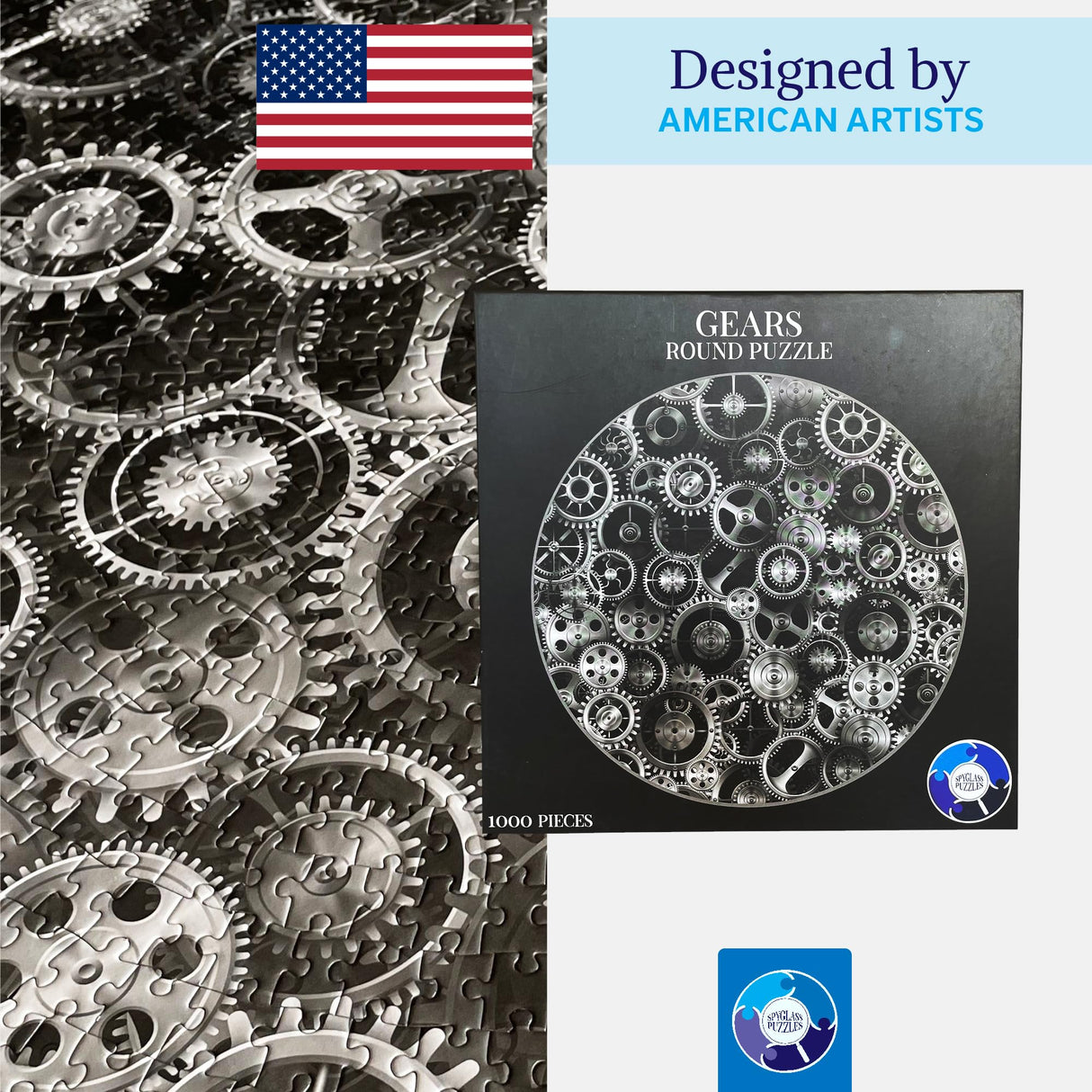 Jigsaw Puzzles for Adults 1000 Pieces Hard Puzzles for Adults and Kids - Unique Round Puzzle - Difficult Near Impossible Black and White Puzzles Fun Gear Puzzle by Spyglass Puzzles Spyglass Puzzles