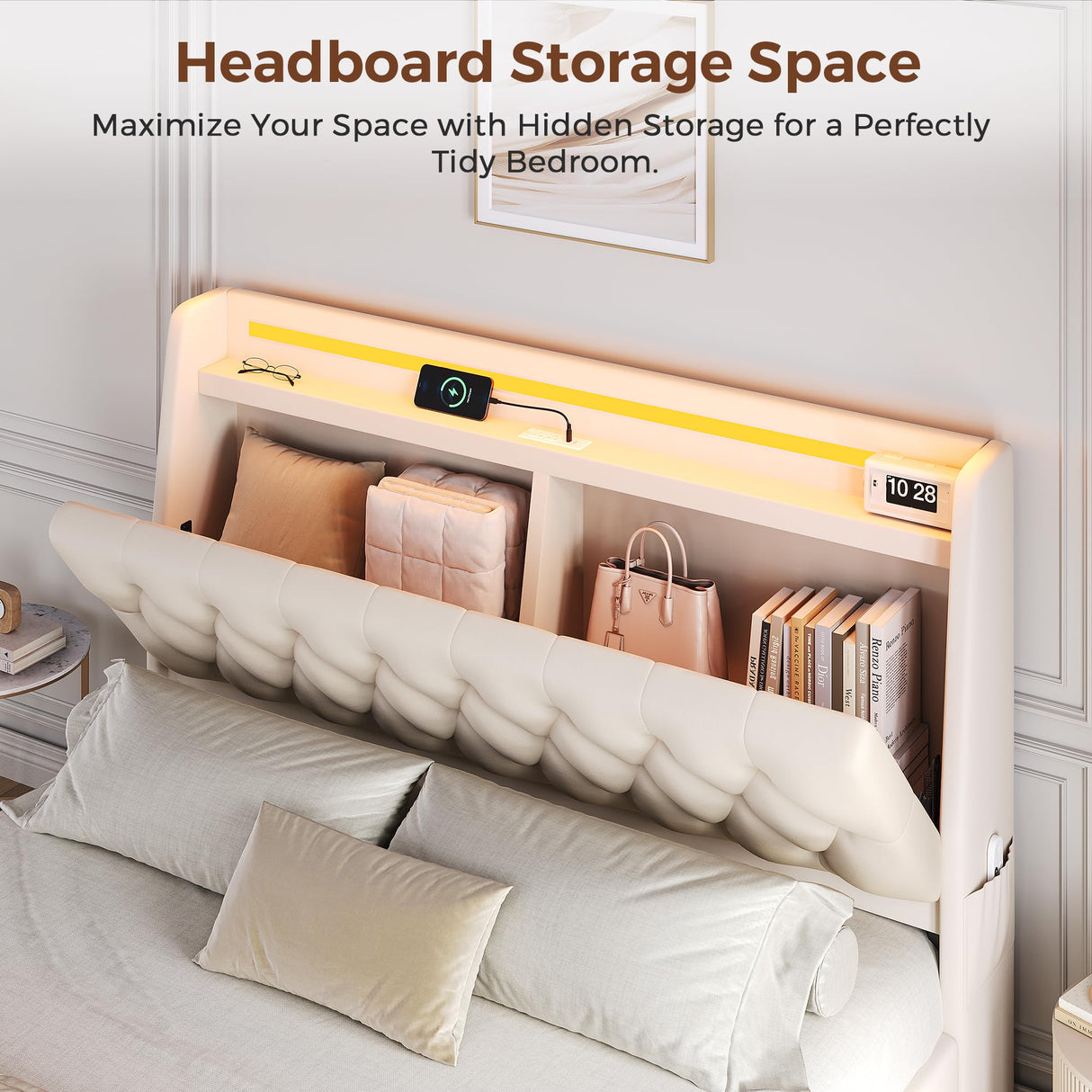 Full LED Velvet Bed Frame with 2 Storage Drawers&Hidden Headboard, Upholstered Platform Bed with Charging Station&Button Tufted Design, Wooden Slats Support, Box Spring Optional, Easy Assembly, Beige Jocoevol