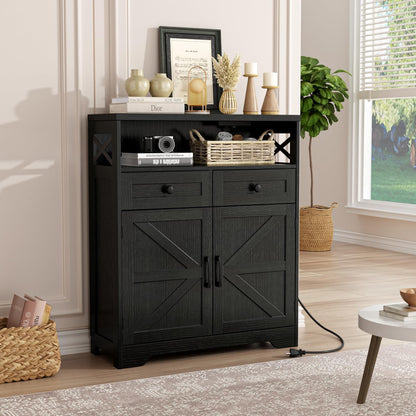 31.5" Black Storage Cabinet with Drawers & Shelf, Farmhouse Sideboard Buffet Cabinet with Storage, Kitchen Pantry Hutch Cabinet, Coffee Bar Cabinet Station Table for Kitchen, Livingroom, Dining Room