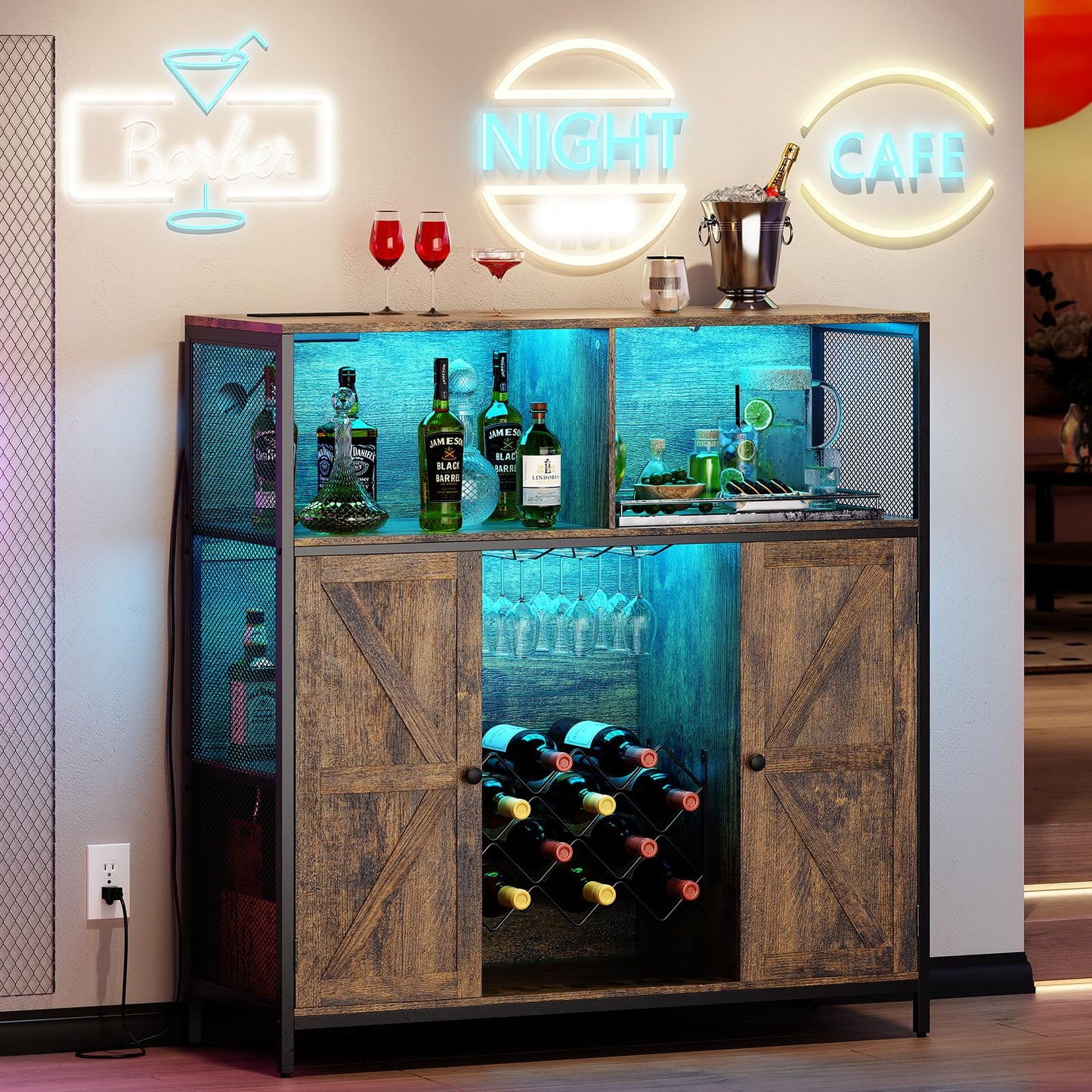 Redlife Wine Bar Cabinet with Power Outlets, Liquor Cabinet with LED Lights and Glass Holder, Industrial Storage Buffet Cabinet Coffee Bar Cabinet, Liquor Cabinet Bar Home, Bar Cabinet with Lights