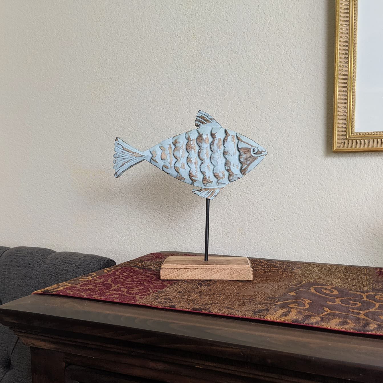 Wooden Fish Sculpture Home Decor | Surgeon Fish Statue on Base Stand | Coastal Beach House Decor Art Piece | Rustic Centerpiece Table Decor for Office, Living Room (Surgeon Fish)