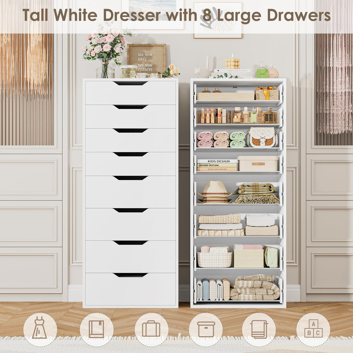 FACBOTALL Tall White Dresser, 8 Drawer Dresser with Groove Handles, White Tall Dressers, Modern Chest of Drawers with Large Storage Space for Home Office FACBOTALL