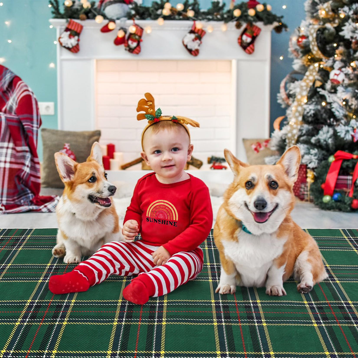 ROYHOME Christmas Area Rug 5x7 Feet Xmas Buffalo Plaid Machine Washable Carpet Rug Holiday Decorative Gingham Check Floor Cover Non Slip Stain Resistant Accent Rug for Living Room Decor, Green ROYHOME