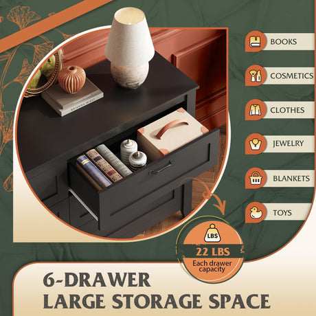 WLIVE 6 Drawer Dresser, Retro Chest of Drawers with Metal Handle, Double Wood Dresser for Bedroom, Living Room, Large Storage Cabinet, Black WLIVE