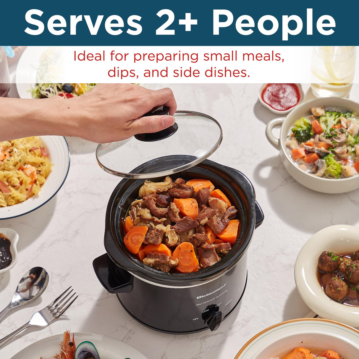 Elite Gourmet MST239X Electric Round Slow Cooker, Adjustable Temp, Entrees, Sauces, Stews & Dips, Dishwasher Safe Glass Lid & Crock, 2 Quart, Black Elite Gourmet