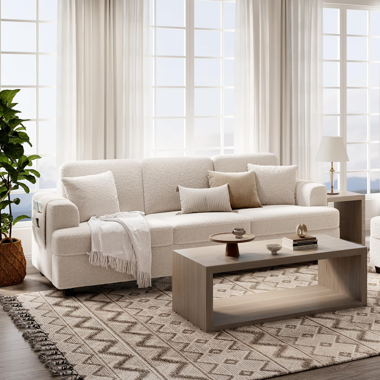 KKL Deep Seat Sofa 89 Inch with Throw Pillow, Modern Sofa, Couches for Living Room, Comfy Sofa, Sleeper Couch, Bouclé, Offwhite KKL