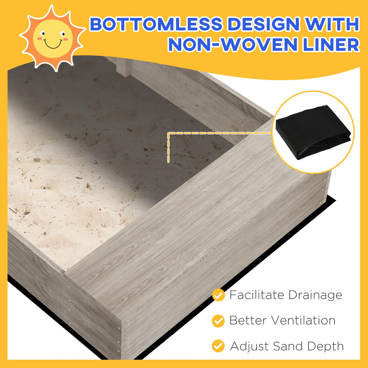 Outsunny Wooden Sandbox, Kids Sand Pit with Liner, Kitchen Design, Sink, Outdoor Children Play Equipment for 3-7 Years Old, 61" x 31.5" x 24", Gray Outsunny