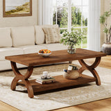 TRIBEWOOD Solid Wood Coffee Tables for Living Room, 47.2-Inch Farmhouse Rectangle Center Tea Table with Storage Shelf TRIBEWOOD