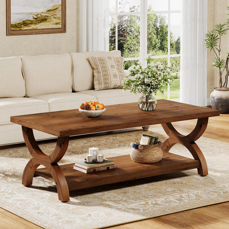 TRIBEWOOD Solid Wood Coffee Tables for Living Room, 47.2-Inch Farmhouse Rectangle Center Tea Table with Storage Shelf TRIBEWOOD