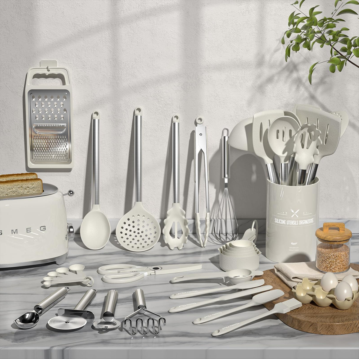 Kitchen Utensils Set-Umite Chef 34 Pcs Silicone Cooking Utensils Set for Nonstick Cookware-Silicone Spatulas Set, Stainless Steel Handle-White Kitchen Gadgets Tools, Pots and Pans Accessories Umite Chef