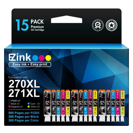 E-Z Ink Compatible Ink Cartridge Replacement for Canon PGI-270XL CLI-271XL PGI 270 XL CLI 271 XL to use with MG6821 TS5020 TS9020 (3 Large Black,3 Small Black,3 Cyan,3 Magenta,3 Yellow) 15 Pack E-Z Ink