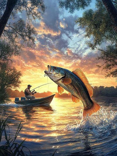 VAIIEYO 5D DIY Diamond Art Kits for Adults Fish, Diamond Painting Fisherman, Diamond Art Full Drill Round Rhinestone Craft Canvas for Home Wall Decor Gift 12x16 inch-74