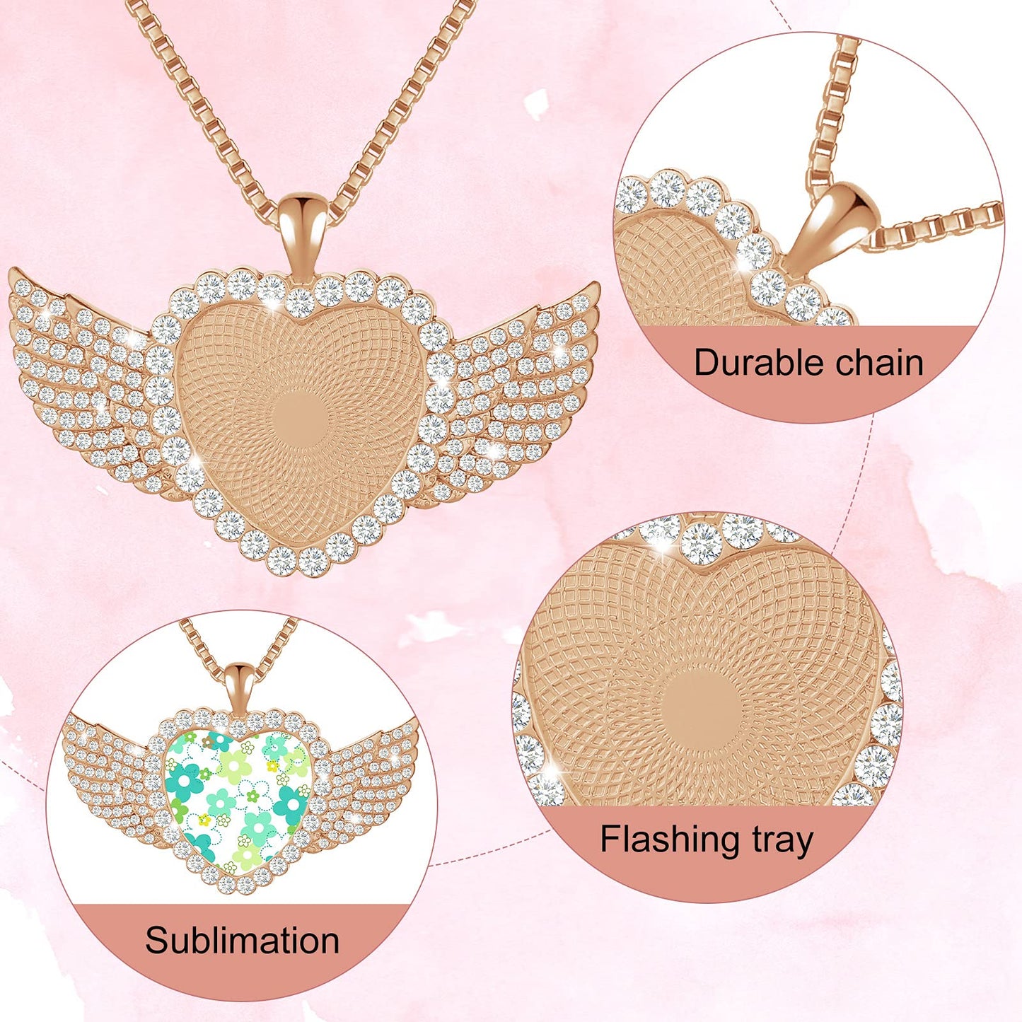 Hicarer 9 Pieces Sublimation Blank Necklace with Chain Set Blank Necklace Rhinestone Wing Shape Bezel Pendant Tray, 25 mm Sublimation Sheet, Double Sided Tape for DIY (Heart Shape Style)