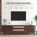 Rattan TV Stand for TVs up to 75'', Farmhouse Media Console with 2 Drawers and Storage Cabinet, Entertainment Center with Solid Wood Legs, TV Cabinet JIVOIT