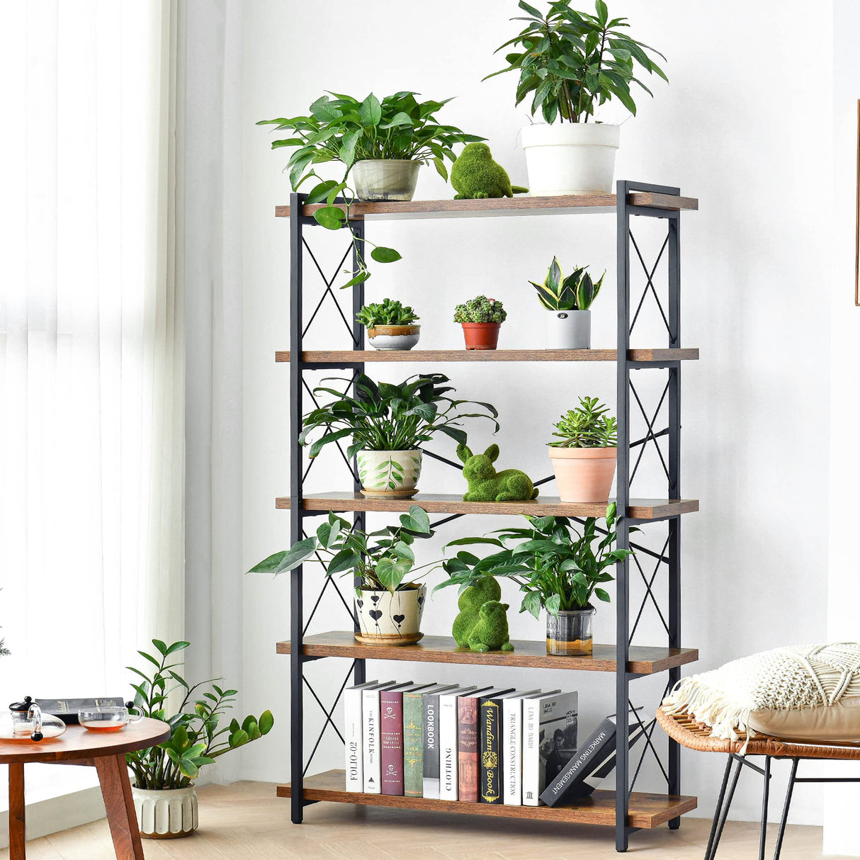 HCHQHS Bookshelf, 5-Tier Industrial Bookcase, Rustic Open Book Shelf, Freestanding Tall Bookshelves with Metal Frame HCHQHS