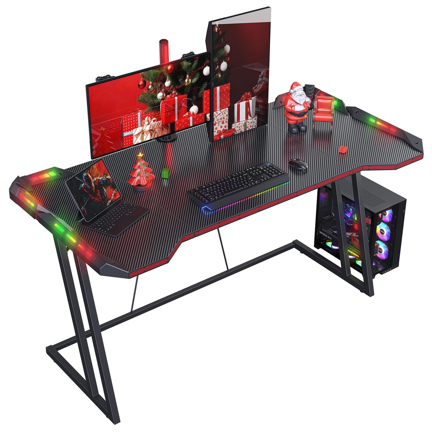 CubiCubi Gaming Desk with LED Lights, 55 Inch Z Shaped Gamer Desk, Home Game Computer Desk with Carbon Fiber Surface, Ergonomic Office PC Workstation with Cable Management, Black