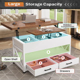 Itaar 40" Lift Top Coffee Table, 4 in 1 White Coffee Tables with Storage for Living Room, Small Coffee Table with 2 Drawers & LED Light for Dining Room, White and Rustic Brown Itaar