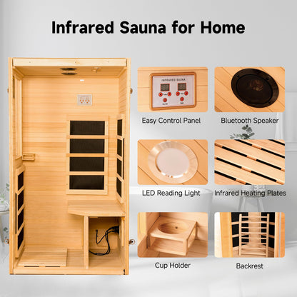 RESTISLAND Infrared Sauna for Home Sauna Room, 1 Person Low EMF Wooden 950W Indoor Sauna Spa at Home with 10min Quick Pre-Heat, LCD Control Panel and Tempered Glass Door