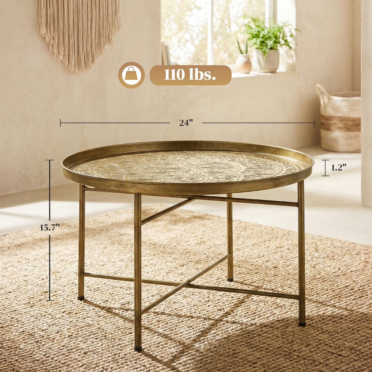 HOMCOM 24" Round Coffee Table with Hammered Tray Top, Vintage Metal Center Table for Living Room, Bedroom, Side Table, Gold HOMCOM