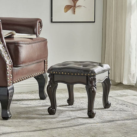 HOOTSMALL Footstool and Ottomans Small Foot Stool with Fiber Leather Wooden Foot Rest Upholstered Footrest for Living Room Bedroom (Dark-Brown) HOOTSMALL