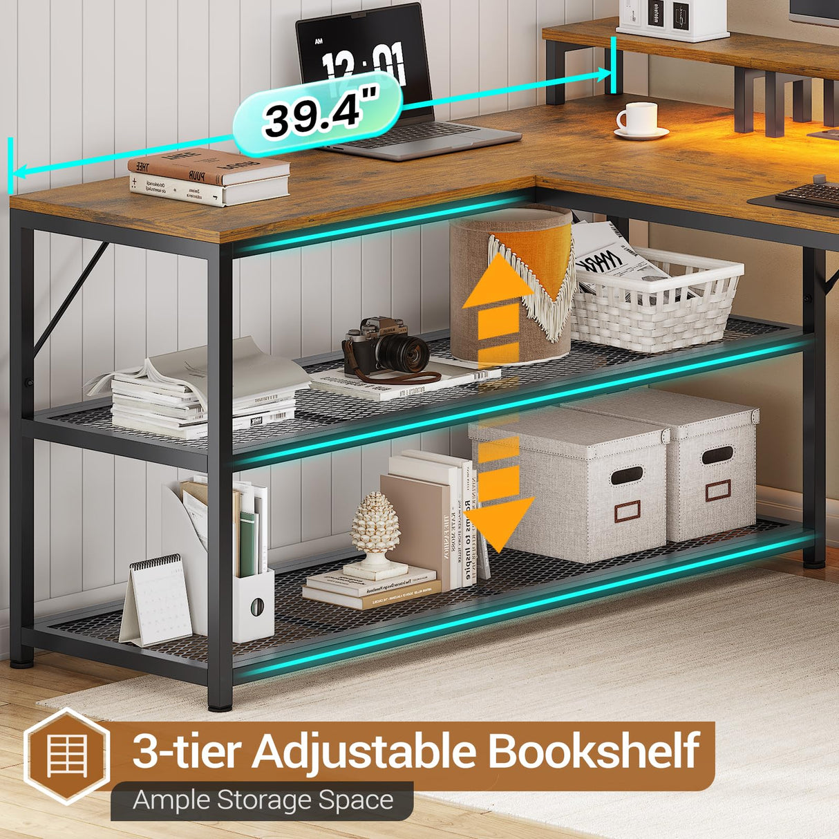 SEDETA 67" L Shaped Desk with Drawers, Computer Office Desk with Storage Shelves & Power Outlet, Reversible Gaming Desk with LED Lights for Home Office, Rustic Brown SEDETA