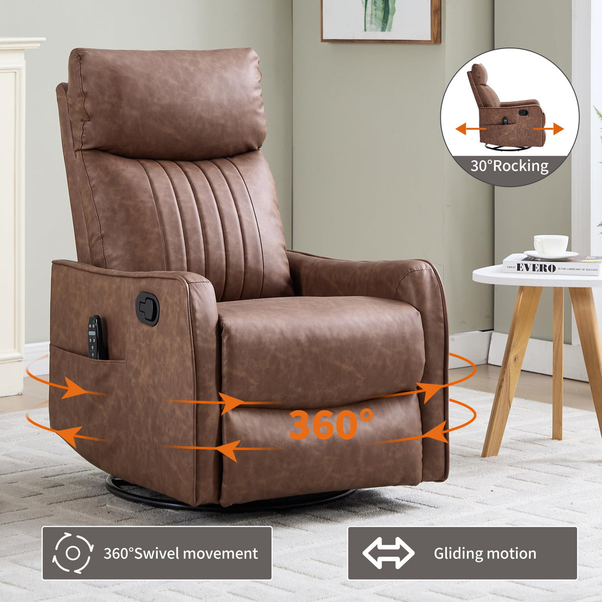PELUMY Recliner Chair Swivel Rocking with Heat Massage - 360° Manual Recliner, 8-Point Vibrating & Lumbar Heat, Easy Assembly Chair for Living Room (Breathable Leather, Brown) PELUMY