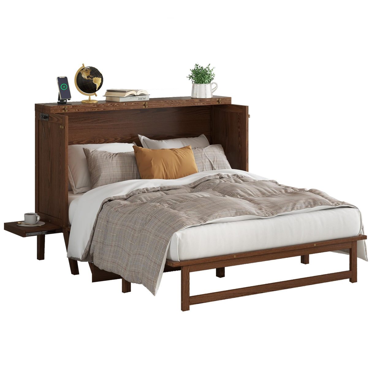 DNChuan Queen Size Murphy Cabinet Bed with Desk and USB-Port,Foldable Murphy Chest Dresser Bed with Removable Shelves on Each Side for Guest Room,Small Space-Walnut DNChuan