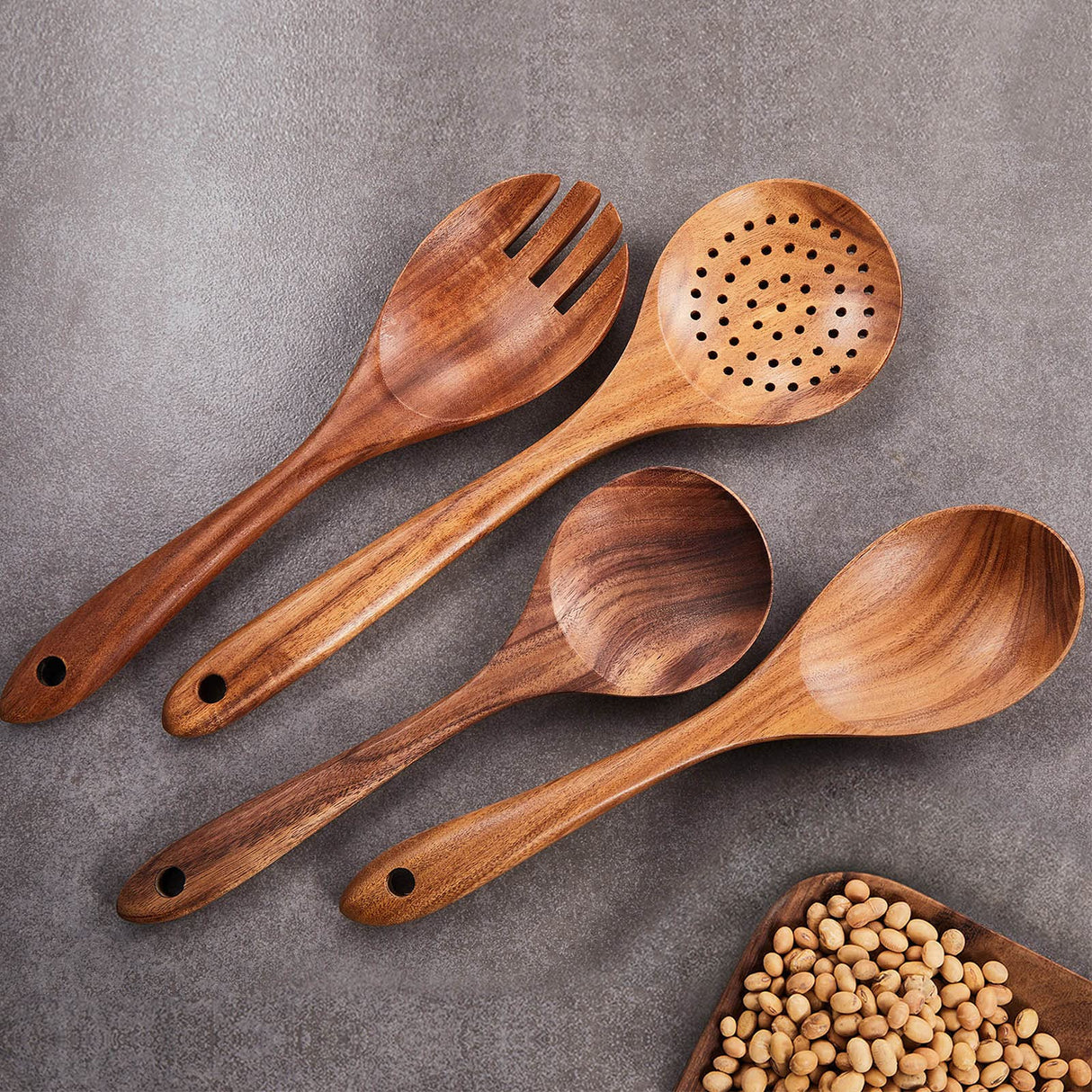 Wooden Kitchen Utensils Set,GUDAMAYE 9 PCE Natural Teak Wooden Spoons For Non-stick Pan for Cooking, Gudamaye