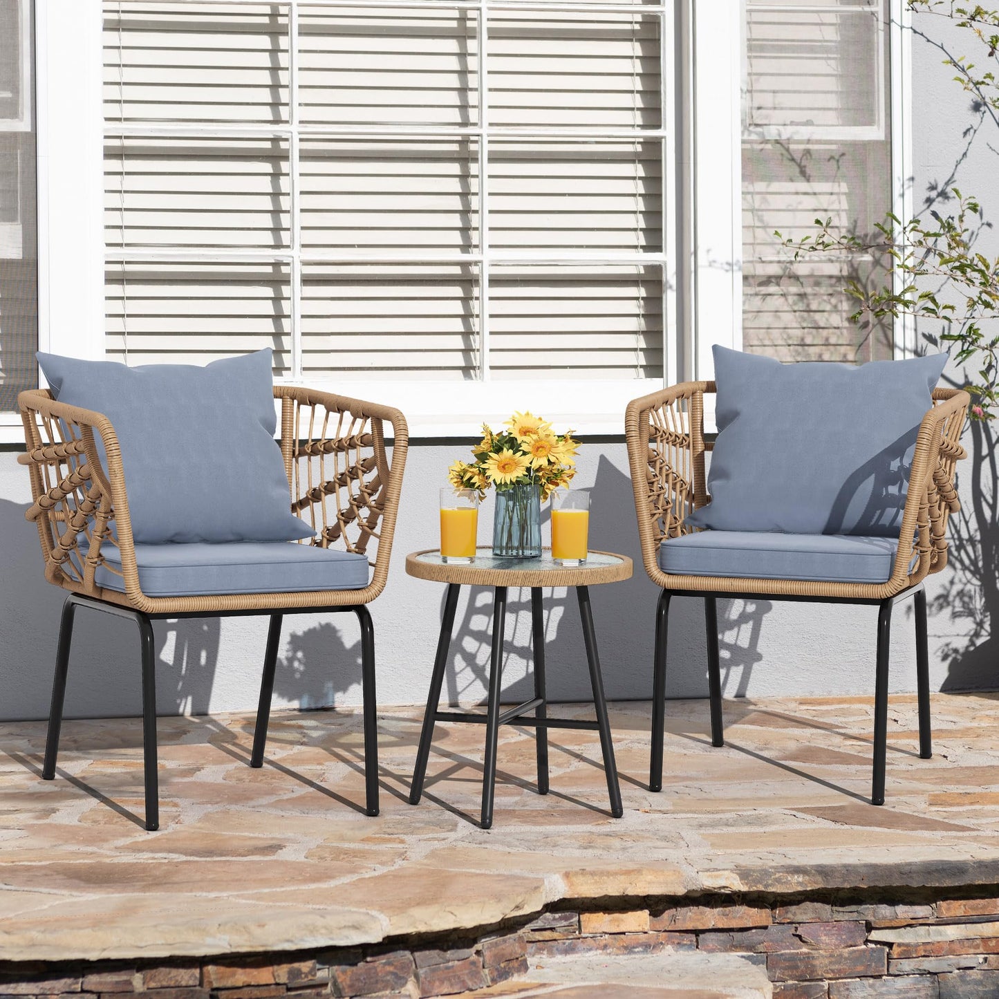 YITAHOME Wicker 3-Piece Outdoor Bistro Set, All-Weather Patio Conversation Set for Balcony, Backyard, Pool, Porch, Deck, Outdoor Sectional Furniture Set with Table & Cushions - Grey - WoodArtSupply