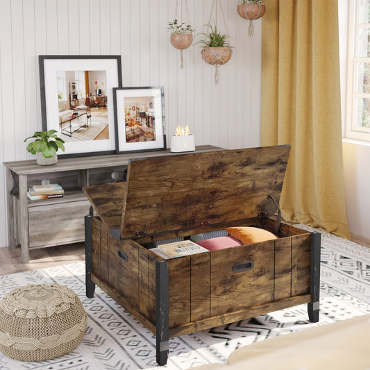 Bestier Farmhouse Coffee Table, Square Wood Center Table with Large Hidden Storage Compartment for Living Room, Rustic Cocktail Table with Hinged Lift Top for Home,Rustic Brown