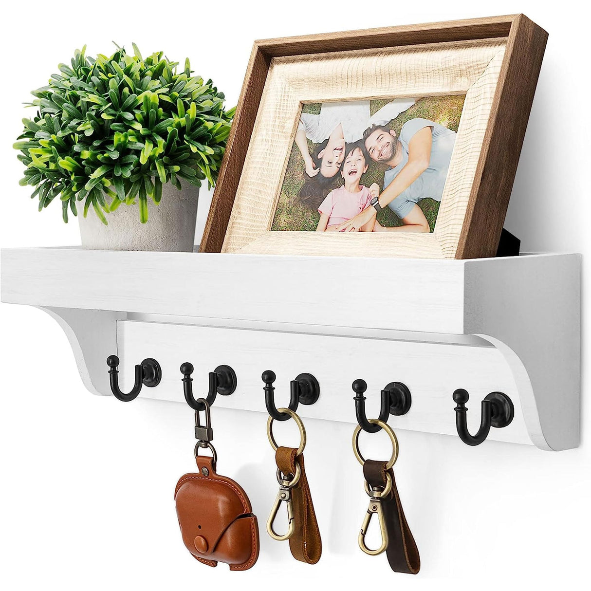 Rebee Vision Key and Mail Holder for Wall with Floating Shelf : Decorative Hanging Organizer with 5 Sturdy Keys Hooks and Wall Mount Key Rack - Farmhouse Entryway Décor (Modern White) Rebee Vision