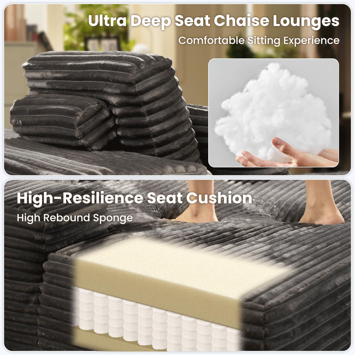 ovios 67''x48'' Chaise Lounge Chair Indoor, Upholstered Sofa Bed with 2 Throw Pillows and Armrests, Comfy Fluffy Plush Oversized Sleeper Couch for Living Room, Grey ovios