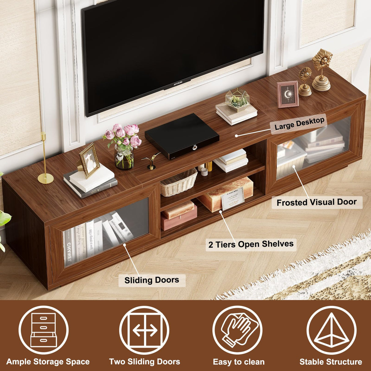 HSH 70" TV Stand for 75 inch TVs,Entertainment Center for Living Room with Storage,Farmhouse Walnut TV Stand Wood with Sliding Doors,Low Media Console Cabinet for Bedroom HSH
