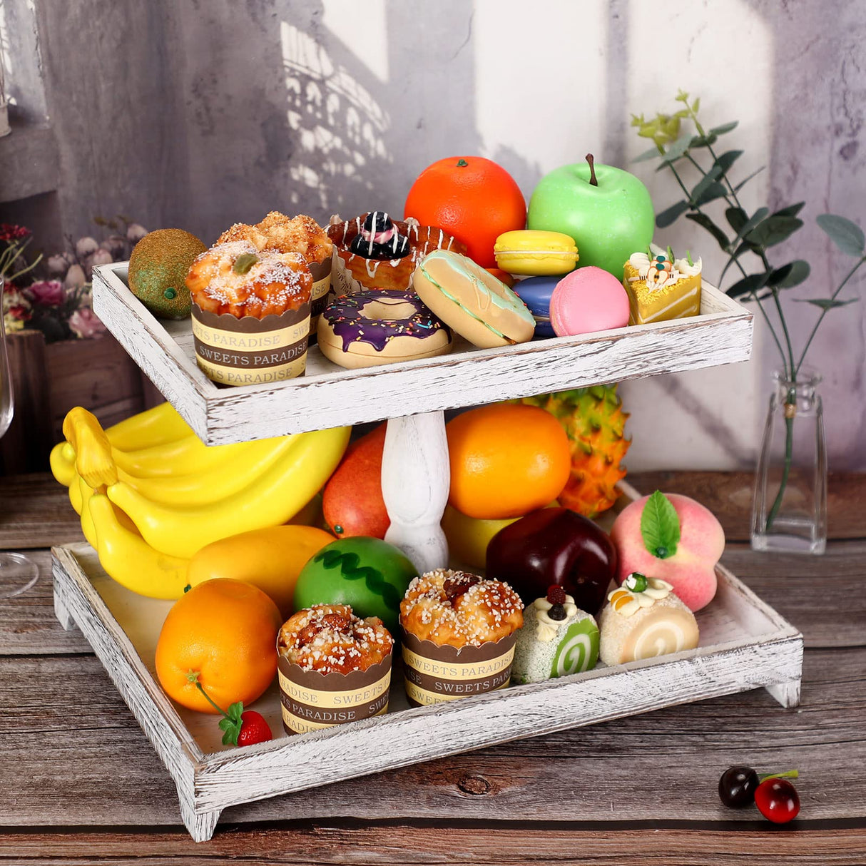 Farmhouse Tiered Tray Stand Wooden Rustic 2 Tier Tray Stand Rectangular Tray Serving Two Tiered Tray Stand for House Kitchen Cake (White) Yalikop