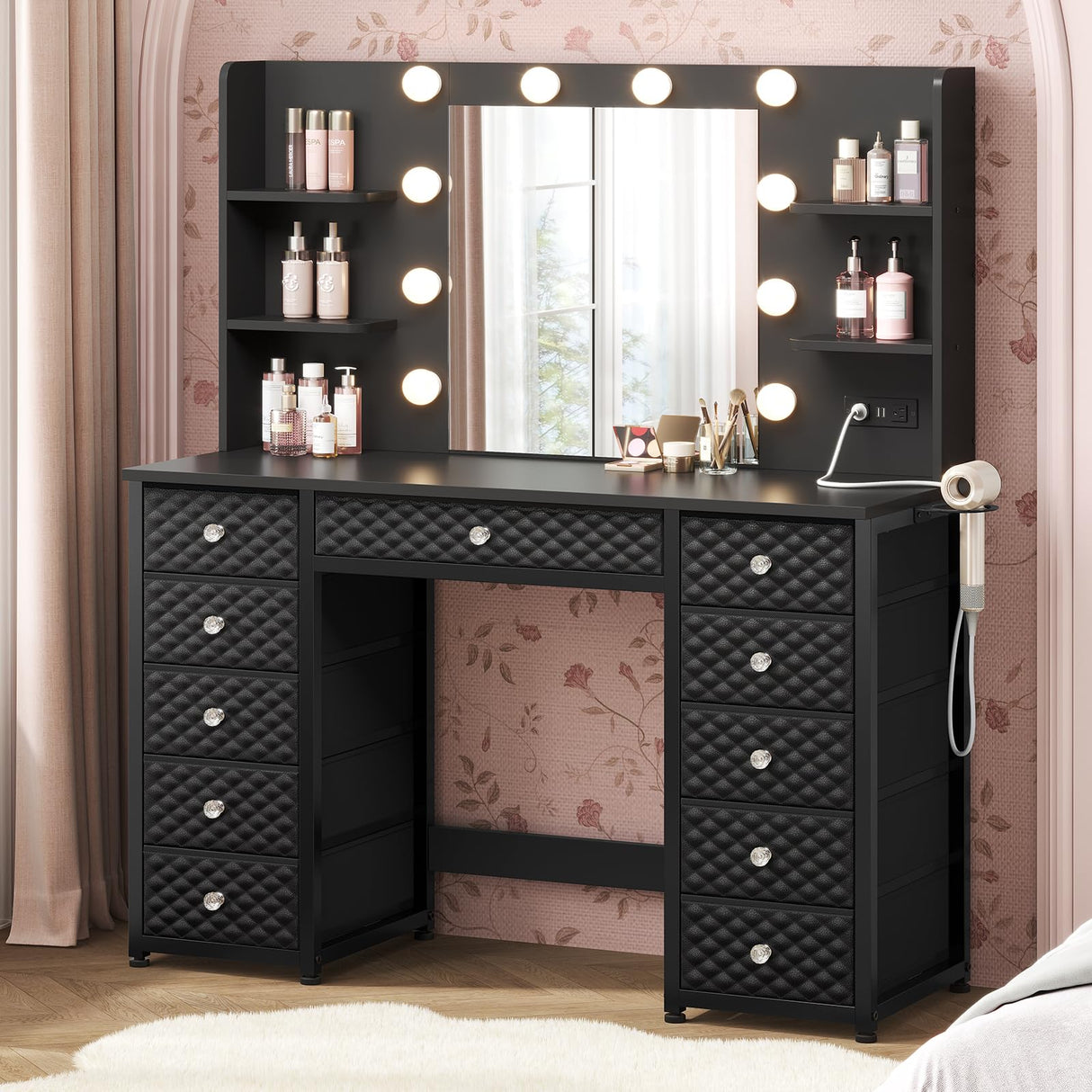 HAUOMS Vanity with Lights and Mirror, 11 Drawer Makeup Vanity with Power Strip, 6 Open Shelves, 43.3” Vanity Desk with Storage, Dressing Table with 3 Color Modes for Bedroom, Women, Girls, Black HAUOMS