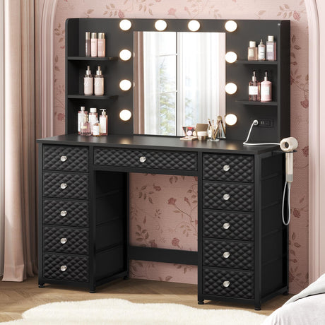 HAUOMS Vanity with Lights and Mirror, 11 Drawer Makeup Vanity with Power Strip, 6 Open Shelves, 43.3” Vanity Desk with Storage, Dressing Table with 3 Color Modes for Bedroom, Women, Girls, Black HAUOMS