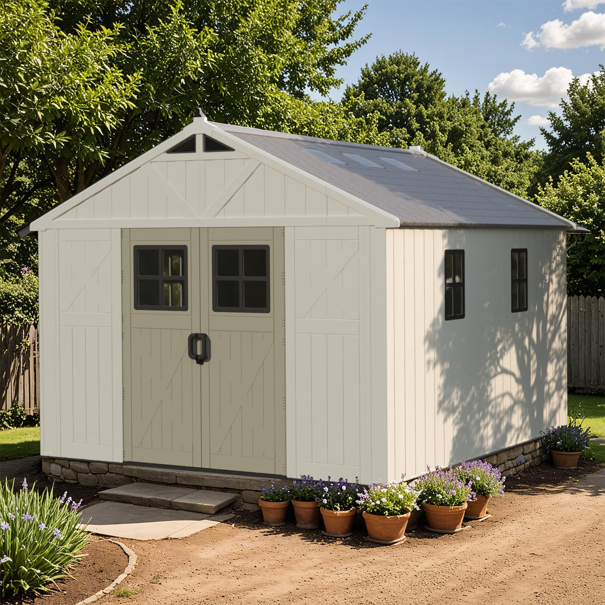 Patiowell 10x12 FT Outdoor Storage Shed with Floor and Lockable Door, All Weather Plastic Shed Garden Shed with Skylight and Multiple Windows for Backyard, Patio, Lawn, Beige Patiowell