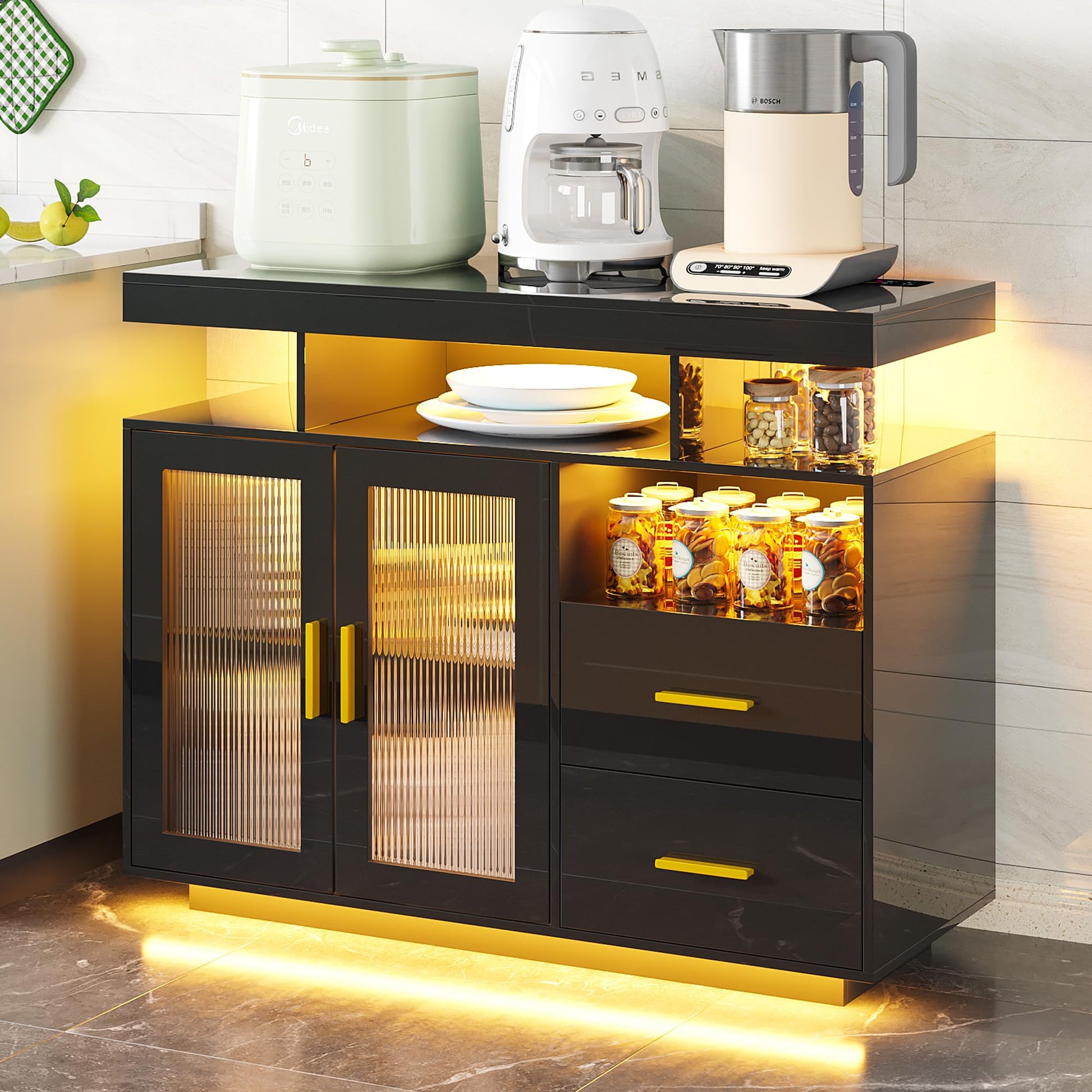 SKKTKT Set of 2 LED Sideboard Buffet Cabinet, 79" Large Coffee Bar Cabinet with Charging Station, High Gloss Kitchen Storage Cabinet with Auto Sensor 24-Color Lights for Dinning Room (Black) - WoodArtSupply