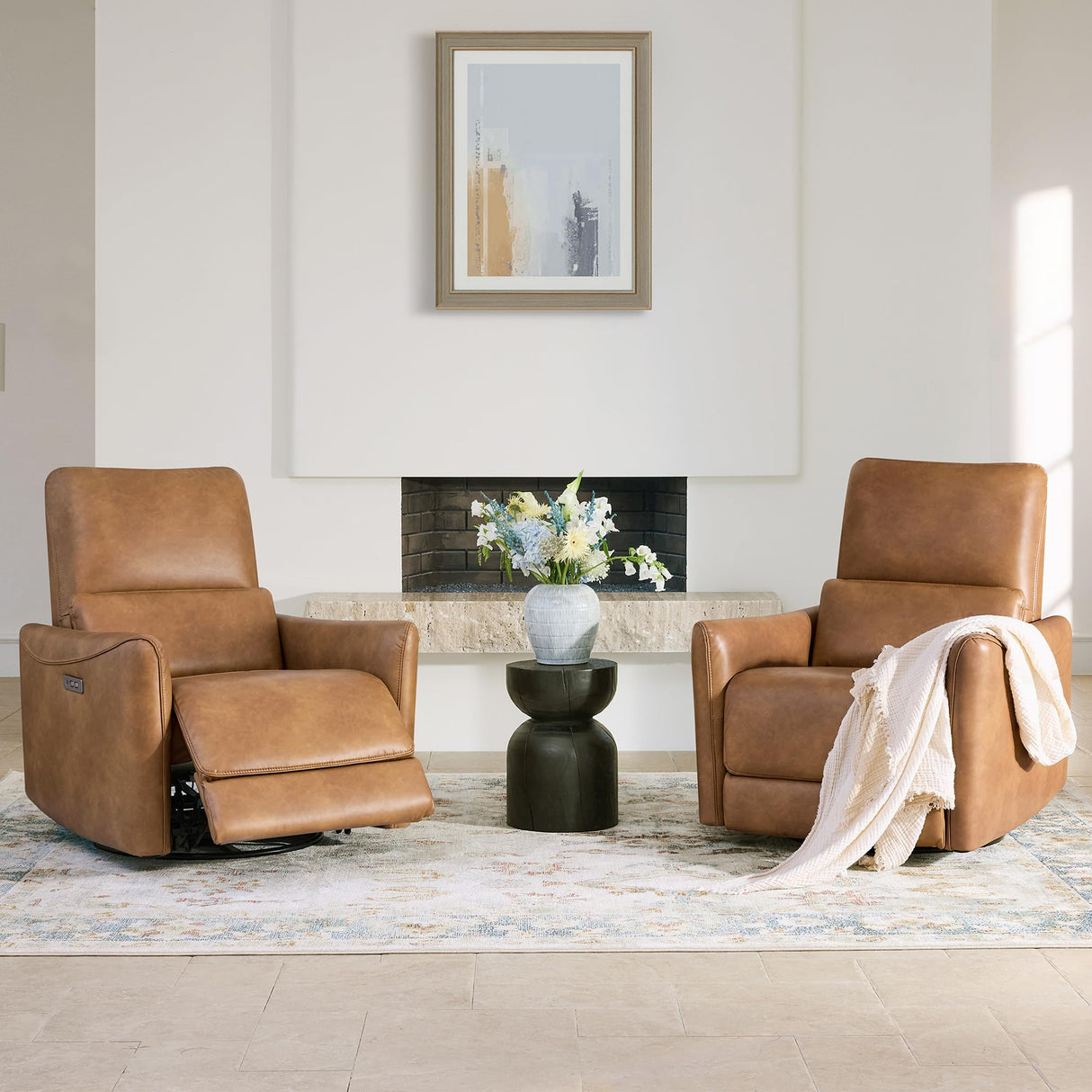 CHITA Power Recliner Chair Swivel Glider, FSC Certified Upholstered Faux Leather Living Room Nursery Reclining Sofa Chair with Lumbar Support, Cognac Brown CHITA